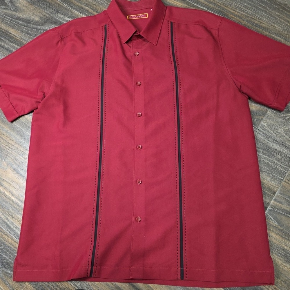Havanera Men's Burgundy Short Sleeve Button Down‎ Casual Shirt Size Large